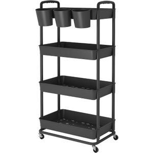 JIUYOTREE 4-Tier Plastic Rolling Storage Cart Utility Cart with Extra Hanging Cups Handles Lockable Wheels for Living Room Bathroom Kitchen Office Black