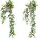 Artificial Hanging Faux Eucalyptus Plants in Small Gray Geometry Concrete Pots with Lanyard for Greenery Wall Shelve Decor (2PCS,Green)