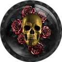 4 Pack Gothic Gold Skull with Red Roses Cabinet Knobs Round Drawer Pulls Black Dresser Knob Cupboard Door Handles Hardware for Kitchen Bathroom Cabinets
