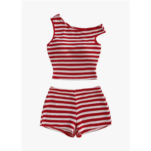 Verdusa Women's 2 Piece Striped Outfits Off The Shoulder Crop Tops and Mini Shorts Set 4xl
