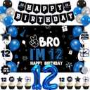 Vlipoeasn 12th Birthday Decorations Set for Boys Girls, 35PCS Black Blue 12 Year Old Birthday Backdrop Banner, Black Blue Bruh I'm 12 Party Supplies