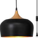 Big Plug in Pendant Light Modern Hanging Light Fixture with 16.4ft Cord On/Off Switch for Kitchen Island, Dining Room, Over Table, Black and Wood Grain Paint
