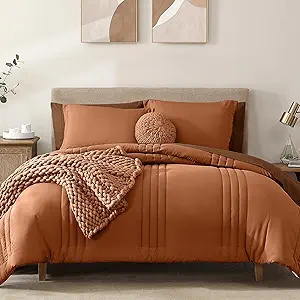 Monbix Queen Comforter Set - 7 Pieces Burnt Orange Bed in a Bag Queen Bedding Sets with Comforters, All Seasons Fall Comforter Bed Set with Sheets,Pillowcases & Shams