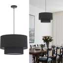 VILUXY Modern Black Chandelier Fabric Pendant Light Fixture Double Drum Shade Hanging Ceiling Chandelier 3 Lights Round Linen for Bedroom Dining Room Living Room Foyer