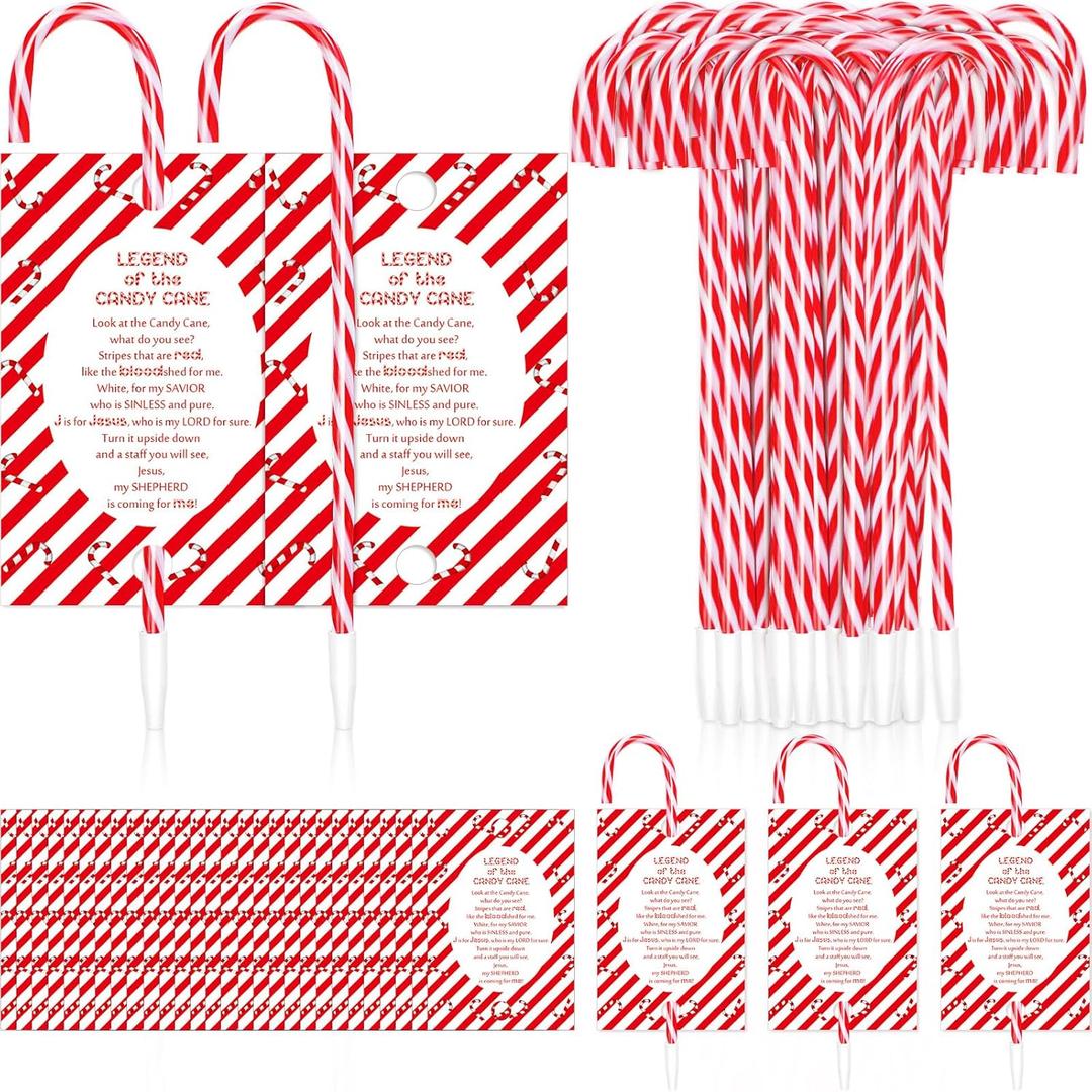 Qilery 30 Sets Christmas Candy Cane Pens Favors Christian Pens with Legend of Candy Cane Cards Xmas Jesus Ballpoint Pens with Black Ink Church Sunday School Supplies Party Gifts