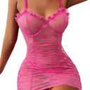Lilosy Sexy Sheer Heart Mesh Underwire Ruched Ruffle Babydoll Club Cami Strap Lingerie Set with Thong (Medium, Hot Pink)