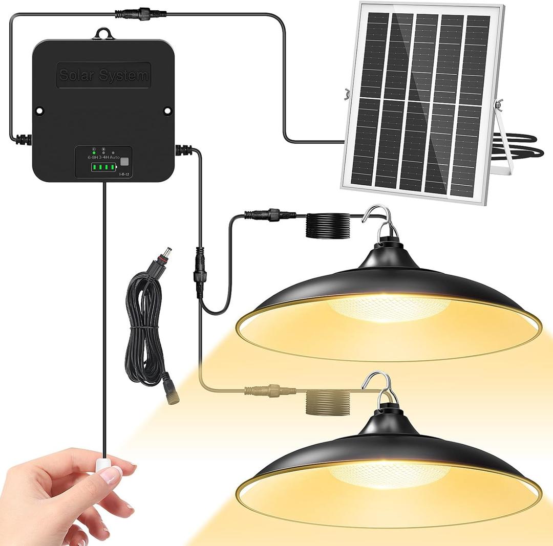 Solar Shed Light Indoor Outdoor, Dual Lamp Warm White Daytime Available Pendant Light with Pull String, Dusk to Dawn, 3 Lighting Modes Solar Lights Indoor, Waterproof for Barn, Gazebo, Shop