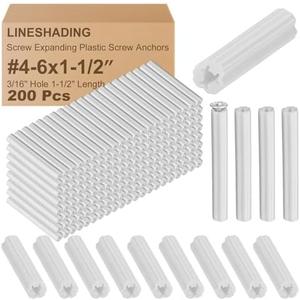 Lineshading 200 Pcs Expanding Plastic Screw Anchors 3/16" Hole White Plastic Anchors for Concrete Masonry Tile Cement Bolt Expansion Tube for #4,5,6 Screws, Fix to Wall Drywall or Other (1-1/2")
