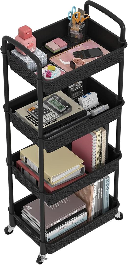 MOYIPIN 4-Tier Plastic Rolling Utility Cart with Handle,Utility Storage Cart for Office, Living Room, Kitchen,Movable Storage Organizer Shelves,Black