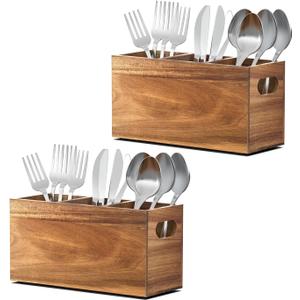 KZLCAKK Silverware holder, Acacia Wooden silverware organizer, Utensil holder for party, Utensil holder for party for Countertop Spoon and Fork Holder Flatware Utensils Caddy for Party-2pcs
