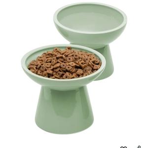 CEEFU 2 Elevated Ceramic Cat Bowls Extra Wide for Food & Water – Whisker Fatigue Shallow Food Dish, Lead & Cadmium-Free, Raised Height for Cats, Sage Green