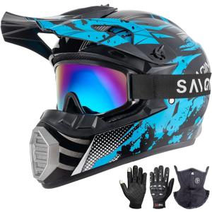 Youth Kids Motocross Helmet, ATV Dirt Bike Helmet, Off-Road BMX 4-Wheeler Full Face Motorcycle Helmet W/Goggles Gloves & Mask, DOT Approved (Bright Blue, Large)