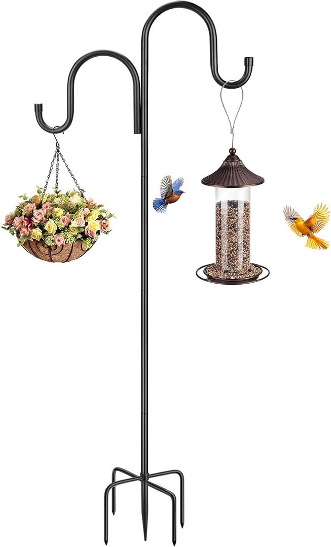 79 Inch Double Shepherds Hooks for Outdoor, Heavy Duty Bird Feeder Pole with 5 Prongs Base for Hanging Lantern, Hummingbird Feeder, Lightweight Plant, Shepherds Hook for Bird Feeders for Outside