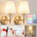 Battery Operated Wall Sconces Set of Two, Wireless Battery Wall Light with 10000mAh RGB Dimmable Magnetic Bulb and Remote, Rechargeable Sconce Wall Decor for Bedroom Living Room Hallway (Brass)