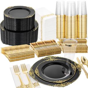 Nervure 350PCS Black Plastic Plates - Black Plastic Dinnerware Sets for 50 Guests - 100 Disposable Plates, 150 Gold Silverware, 50 Cups, 50 Napkins for Wedding & Party & Halloween
