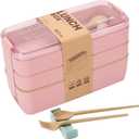 Rarapop Pink Stackable Bento Box Japanese Lunch Box Kit with Spoon & Fork, 3-In-1 Compartment Wheat Straw Meal Prep Containers for Kids & Adults