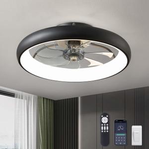 Ceiling Fans with Lights 20'' Flush Mount Fan Remote & APP Control Black Low Profile 6 Wind Speeds Smart Dimmable LED for Bedroom Living Room (Y1095-BK-ELE)