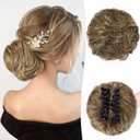 RUWISS Claw Clip Messy Bun Hair Piece Real Human Hair Buns Wavy Curly Chignon Hair Bun Extensions Tousled Updo Hair Buns Claw Clip Ponytail Hairpieces (Brown Mixed Light Blond)