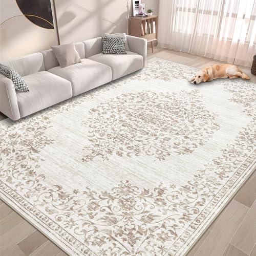 Area Rug 5x7 Vintage Rug: Washable Indoor Medallion Rugs Low Pile Distressed Floor Carpet Retro Accent Rug for Living Room Bedroom Kitchen Dining Table Home Office(Vintage Beige, 5'x7')