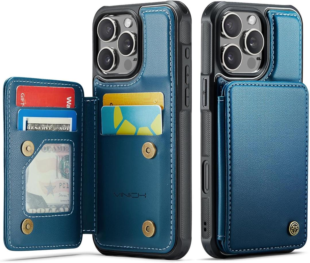 Vinich for iPhone 16 Pro Max 6.9" Wallet Case with Card Holder, RFID Blocking Credit Slots Kickstand Shockproof Phone Cover for Women Men, Blue