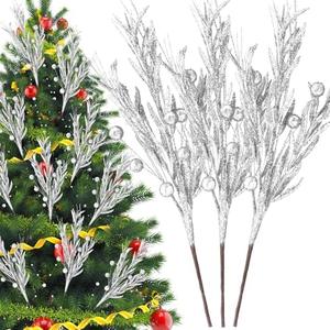 Giegxin 20 Pcs Christmas Artificial Glitter Berry Stems - 18.8'' Glitter Berry Branches Ornaments Christmas Tree Picks and Sprays for DIY Xmas Wreath Vase Holiday Wedding Party Decor(Silver)