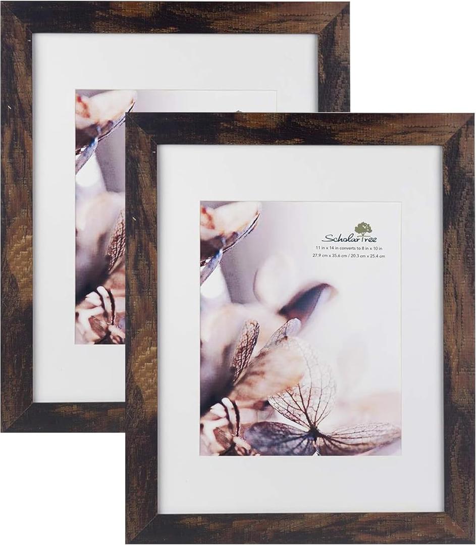 Scholartree Wooden Brown 11x14 Picture Frame with Mat 2 Set in 1 Pack,Display 11x14 without Mat or 8x10 with MatWall Gallery Photo Frames