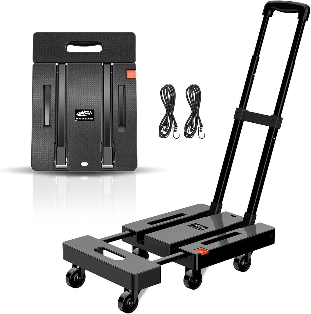 SPACEKEEPER Folding Hand Truck, 500 LB Heavy Duty Luggage Cart, Utility Dolly Platform Cart with 6 Wheels & 2 Elastic Ropes for Luggage, Travel, Moving, Shopping, Office Use, Black SPACEKEEPER Folding Hand Truck, 500 LB Heavy Duty Luggage Cart, Utility Dolly Platform Cart with 6 Wheels & 2 Elastic Ropes for Luggage, Travel, Moving, Shopping, Office Use, Black