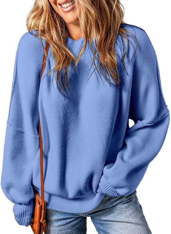 EVALESS Sweaters for Women Fashion 2024 Crewneck Batwing Sleeve Oversized Side Slit Ribbed Knit Pullover Sweater Tops (Small, Sky Blue)