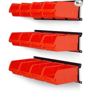 Ultrawall Wall Mounted Storage Bins, Plastic Hanging Storage Organizer Bins, Garage Tool Storage System for Screws, Nuts, Bolts, Nails, and Small Hardware Parts, 12x bins & 3 x Rails, Red