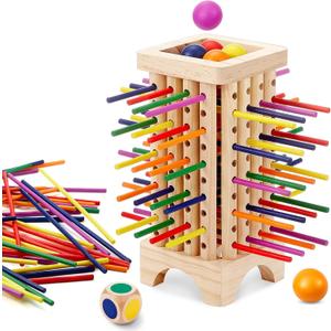 Montessori Wooden Board Game with Colorful Sticks, Dice & Balls, Math & Counting Educational Toy for 3-6 Year Olds, Motor Skills for Family & Travel, Fun Gift for Game Night(Square)
