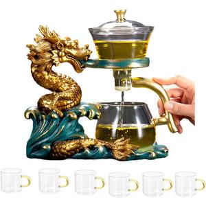 Glass Teapot Set Tea Maker with Infuser Semi Automatic Drip Rotating Cover Bowl Lazy Tea Set (Dragon, Teapot set)