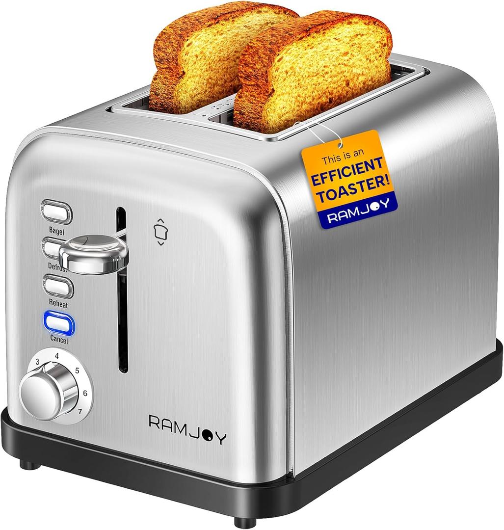 RAMJOY Toaster 2 Slice, Extra Wide Slot Toaster for Bagels, Bread, Waffles, 7 Shade Settings, 4 Main Functions, Removable Crumb Tray, 900 Watts Toasters, Brushed Stainless Steel
