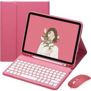 iPad mini 5th Generation Mini 4 Keyboard Case with Mouse Color Keyboard Circular Key Caps Cute Candy Colors Bluetooth Detachable Keyboard Mini 5 Cover (Dark Pink)