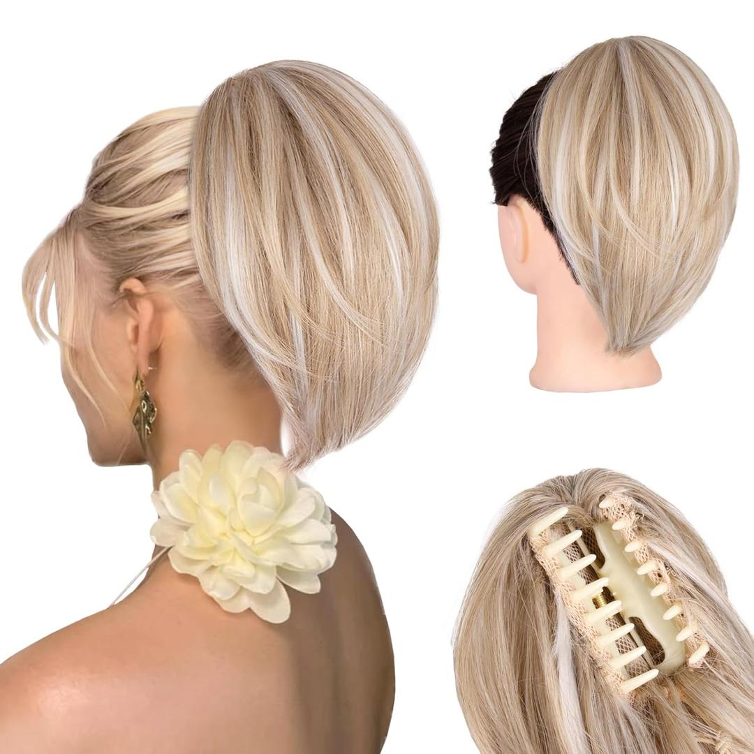 Clip on Ponytails for Women - 10 Inch Short Ponytail Extension, Straight Pony Tails Hair Extensions, Synthetic Hair Extensions Ponytail, Clip in Ponytail (Color: Ash Blonde with White Highlights)