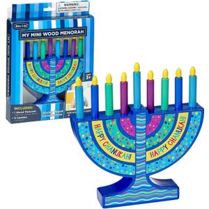 Rite Lite My Mini Wood Menorah with Removable Wood Candles - Colorful Chanukah Menorah for Kids Hanukkah Gifts Decorations Centerpiece, Jewish Holiday Party Favors Decor, Festival of Lights 5.75" H