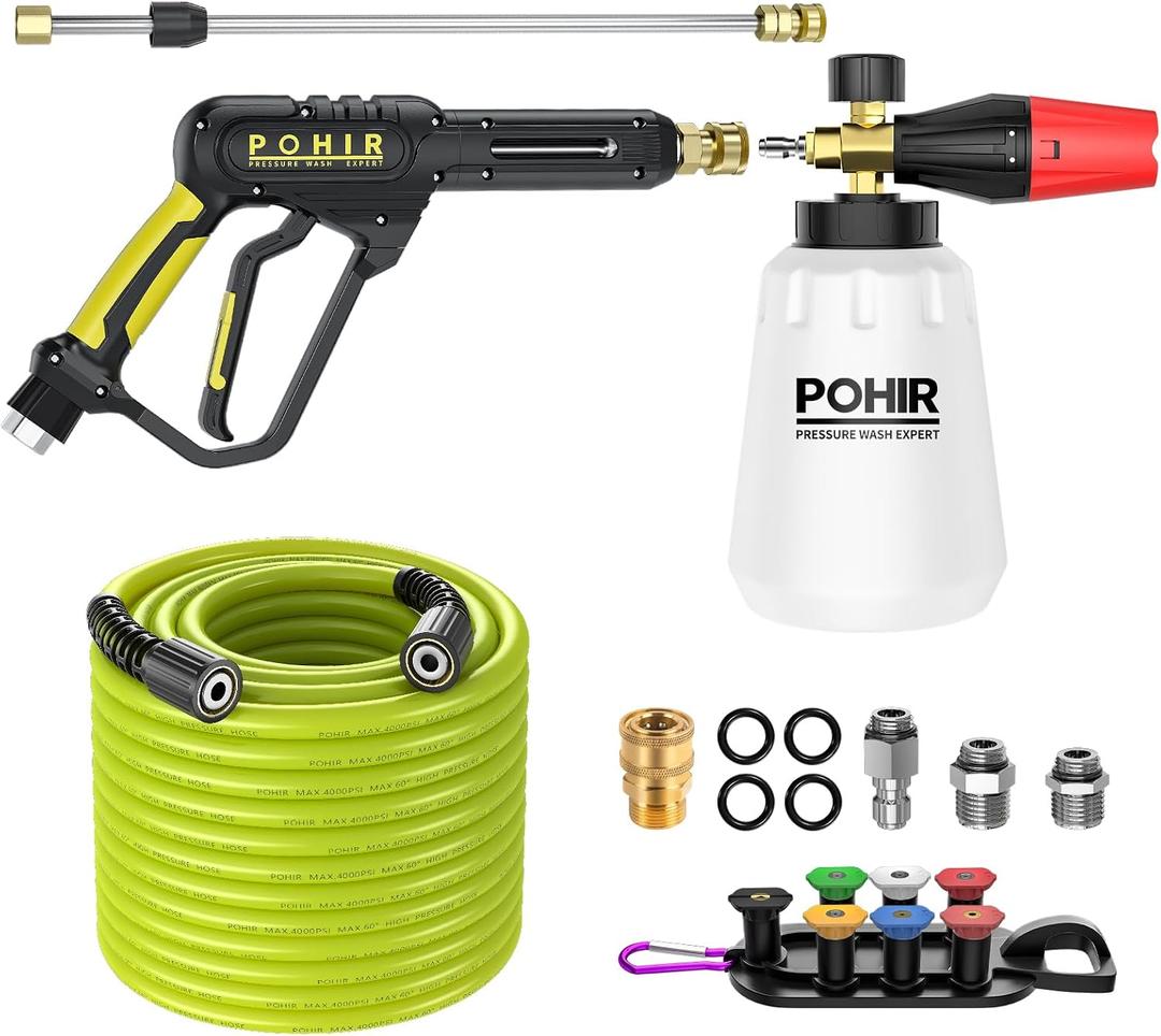 POHIR Pressure Washer Gun with Foam Cannon & 50ft Power Washer Hose, 3600PSI Pressure Washing Kit with 15" Extension Wand & 7 Nozzle Tips, 3/8'' Quick Connector & M22 15mm/14mm Fittings