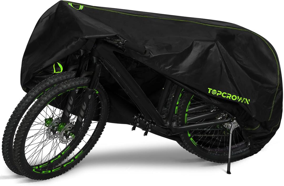 Topcrown Bike Cover Waterproof Outdoor Storage for 2 Bikes, Bicycle Cover Rain Sun UV Dust Wind Proof with Storage Bag for Mountain Road Bike/Ebike (210D Black+Green, XXL Size for 2 bikes)