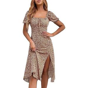 SPRIME Women's Floral Summer Casual Dress Square Neck Puff Sleeve Boho Midi Dresses Ruched Bust High Waist Split Long Dress L