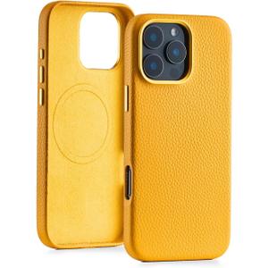 for iPhone 16 Pro Leather Case, Grain Cowhide Genuine Leather, Protective Case for iPhone 16 Pro 6.3 inch Compatible with Magsafe, Metal Buttons & Camera Bezel (Yellow)