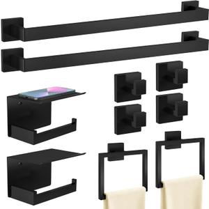STWWO 10-Piece Matte Black Bathroom Hardware Accessories Set, 24 inch Towel Bar, Stainless Steel Towel Racks for Bathroom, Bath Towel Bar Set Wall Mounted