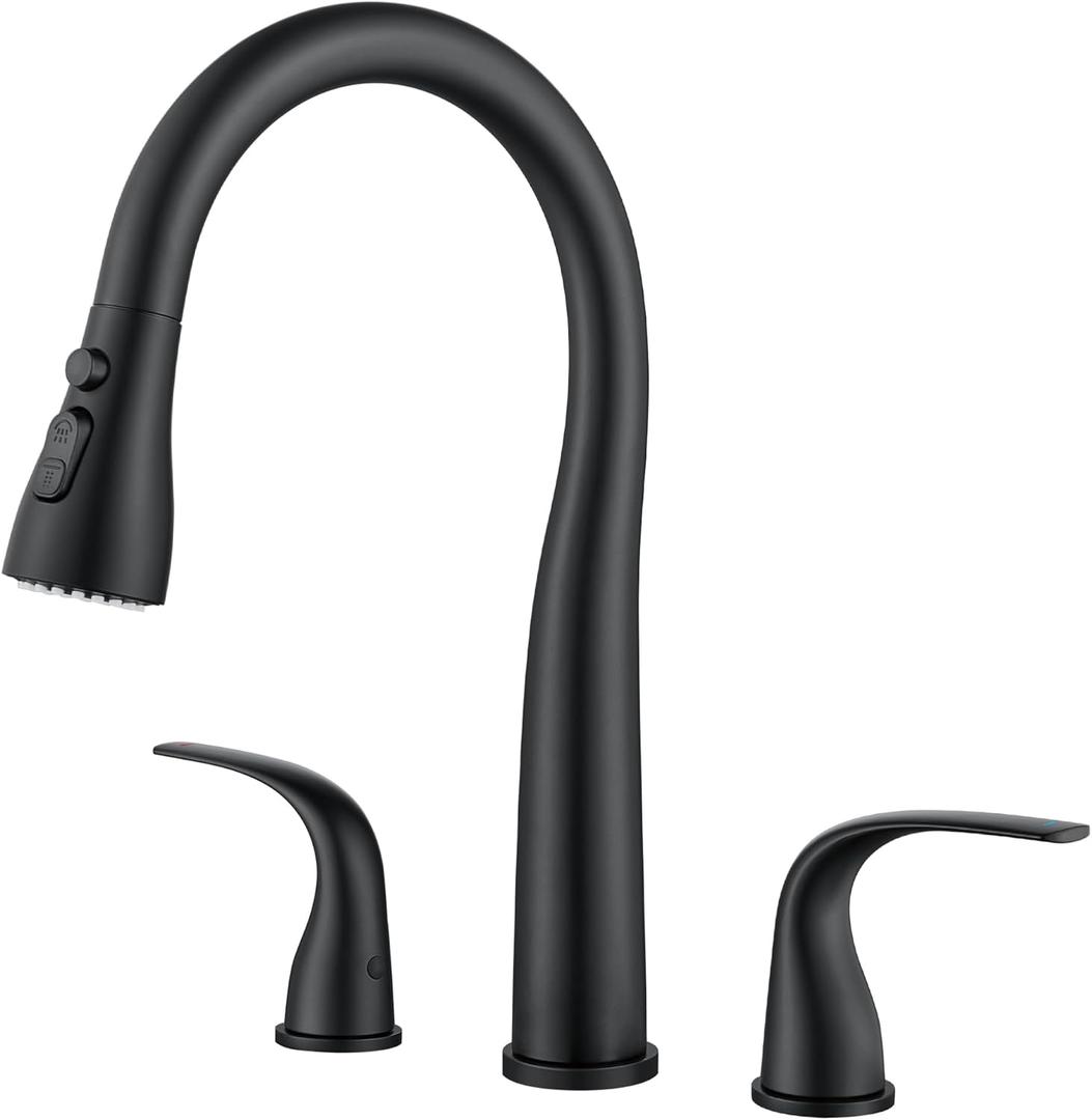Black Kitchen Faucet 3 Hole with Pull Down Sprayer, 2-Handle High Arc Kitchen Sink Faucet with 3 Function Spray, Stainless Steel, T-3005B