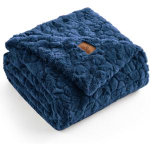 Cozy Bliss Faux Fur Throw Blanket for Couch, Fuzzy Soft Plush Thick Warm Fluffy Reversible Wave Textured Blanket for Sofa Bedroom Living Room, 55 * 70 Inches Navy Blue