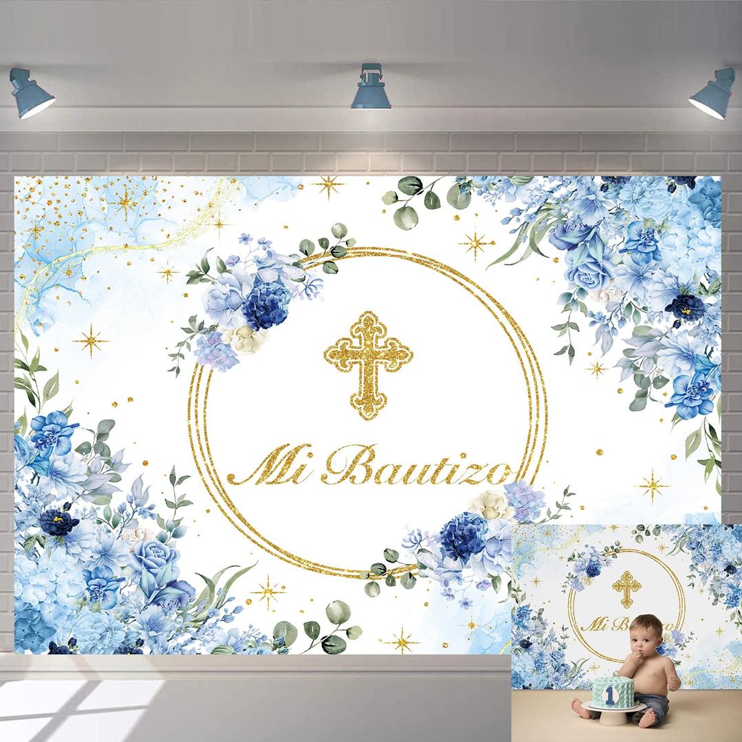 Mi Bautizo Backdrop First Holy Communion Baptism Christening Party Decorations Banner Blue Floral Glitter Gold Dot Newborn Baby Shower Photography Background Photo Booth Props (94X70 inch (8x6FT))