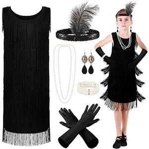 Xaatren 3Pcs Girls 1920s Flapper Dresses Costume Set Roaring 20s Accessories Halloween Kids Birthday Party Gifts L