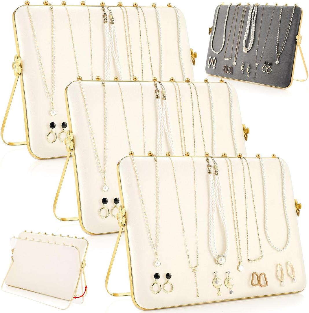 3 Pack Necklace Display Stand for Selling Double-sided Velvet Necklace Organizer Large Metal Chain Holder Stand Beige Grey Chain Jewelry Display for Vendor Craft Show Exhibidores