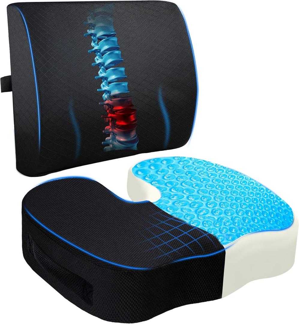 EcoNour Gel Seat Cushion & Lumbar Support Pillow | Back Support for Office Chair, Gaming, Wheel Chair & Car Seat | Gel Seat Cushion for Back and Butt Support, Tailbone, Sciatica & Coccyx Pain Relief