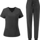 Scrubs for Women, V-Neck Scrubs Top & Cargo Pants with 10 Pockets (Large, Dark Grey)