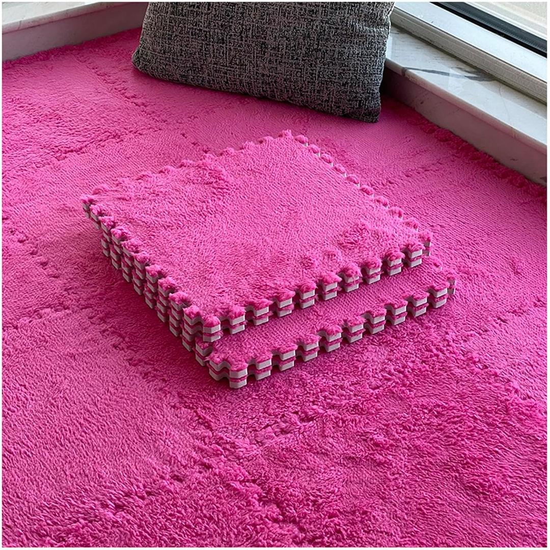 12 Pieces Thickened Plush Foam Interlocking Floor Mat,Fluffy Square Foam Tiles with 12 Edgings,Soft Anti-Slip Puzzle Area Rug Playmat for Bedroom,12X12inch,12 Tiles/11.6 Sq.Ft,Rose