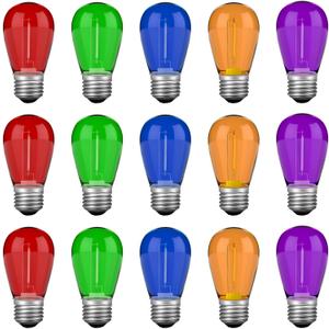 S14 Colored LED String Light Bulbs, 15 Pack 1 Watt Plastic Shatterproof LED Replacement Bulbs for Indoor Outdoor String Light, E26 Medium Base, Multi-Color: Red/Green/Blue/Purple/Orange