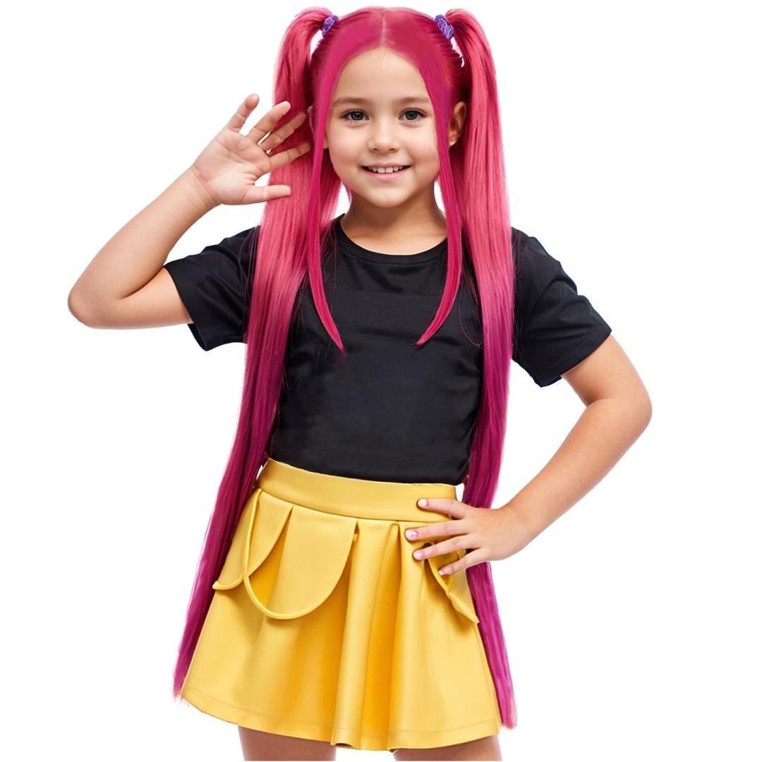 Hot Pink Wig for Kids Long Straight Pink Wig Child Megata Wigs Girls Neon Pink Synthetic Wigs